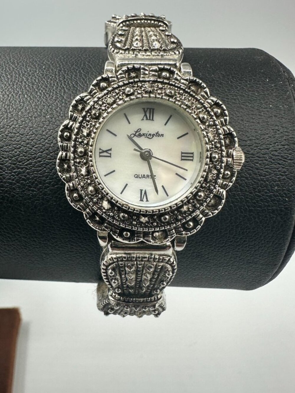 Lexington Watch Women Silver Tone Marcasite Accents Mother of Pearl Dial 6.75"